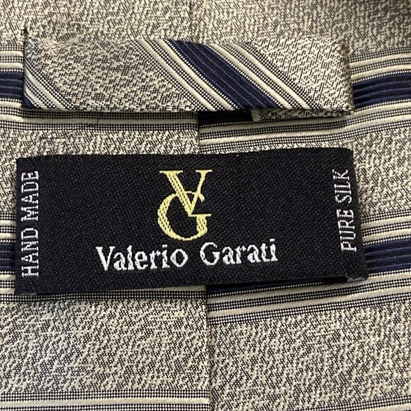 VALERIO GARATI MENS TIE GOLD & Navy Blue Striped 4” X 60” Hand Made Silk Necktie - Picture 5 of 6